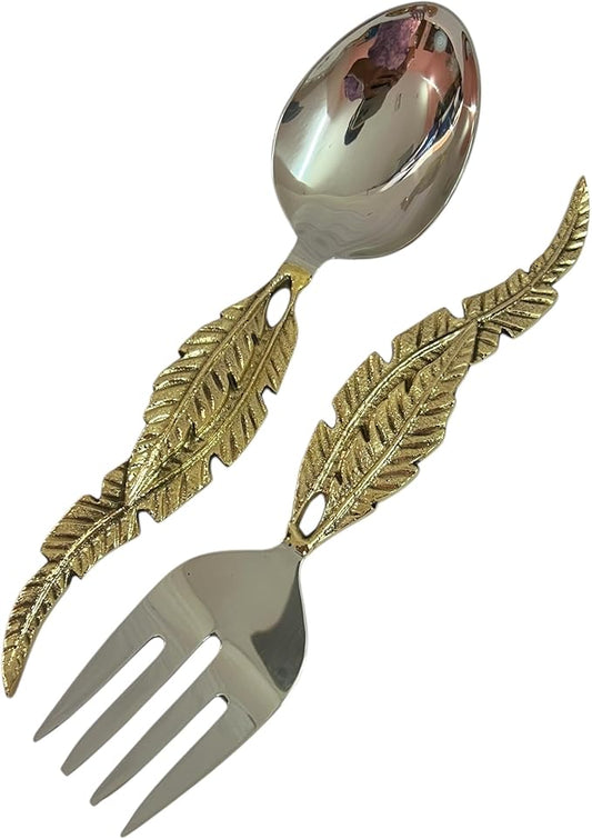 Gold Salad Serving Spoon and Fork Set – Stainless Steel with Decorative Leaf Handle – Elegant 2-Piece Flatware Set for Salad, Pasta, Fruits (10" inches)