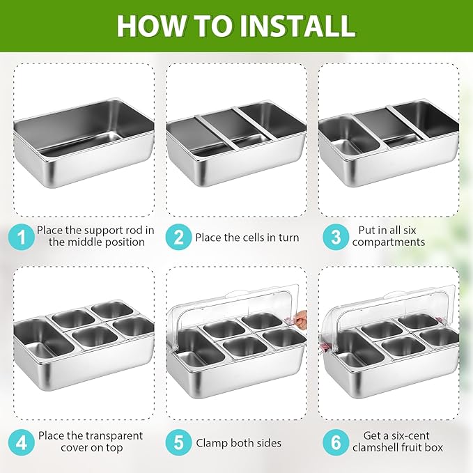 Countertop Food Serving Display Container and Clear Roll Top Cover Stainless Steel Food Serving Tray Buffet Condiment Dispenser Display Rack for Restaurant Hotel Kitchen Party (5 Pan)