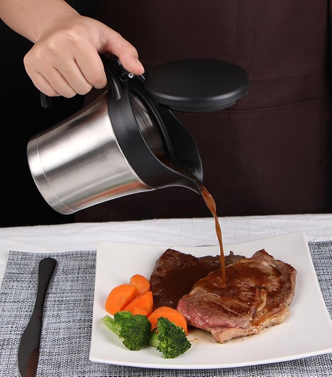 Rorence Stainless Steel Double Insulated Gravy Boat With Lid/Sauce Jug 16 Ounce Capacity