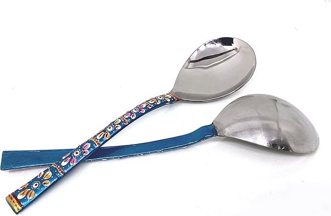 Rastogi Handicrafts Copper Bamboo Hand Painted Meena Work Dinnerware flatware serving spoon utensils Set Of Two (Terquaise)