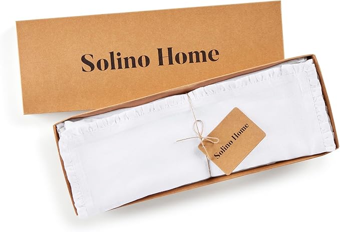 Solino Home White Linen Placemats 14 x 19 Inch - 100% Pure Linen Juliette Ruffle Placemats Set of 4 - Handcrafted and Machine Washable Table Mats for Christmas, New Year