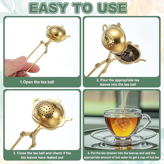 uxcell 2 Pcs Tea Infuser, Stainless Steel Loose Leaf Tea Infuser Filter for Cup and Teapot, Long Handle Tea Steeper Strainers for Tearoom Office Home, Teapot shaped, Golden