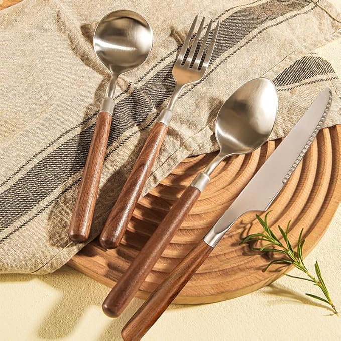 Stainless Steel Flatware serving set,Home Kitchen Eating Tableware Set,Dishwasher Safe,For Home Kitchen Restaurant Hote 4/16/24 Pieces 304 Stainless Steel Wooden Handle Spoons For Home Use For Eating