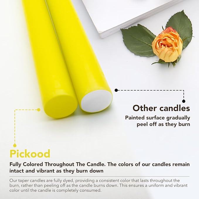 New Burning Formula Unscented Dripless 10-Inch Taper Candles Set of 12 - Yellow, for Wedding, Dinner - Smokeless, Long Burning - Hand Poured, Colored Tall Candlesticks - Amarillo
