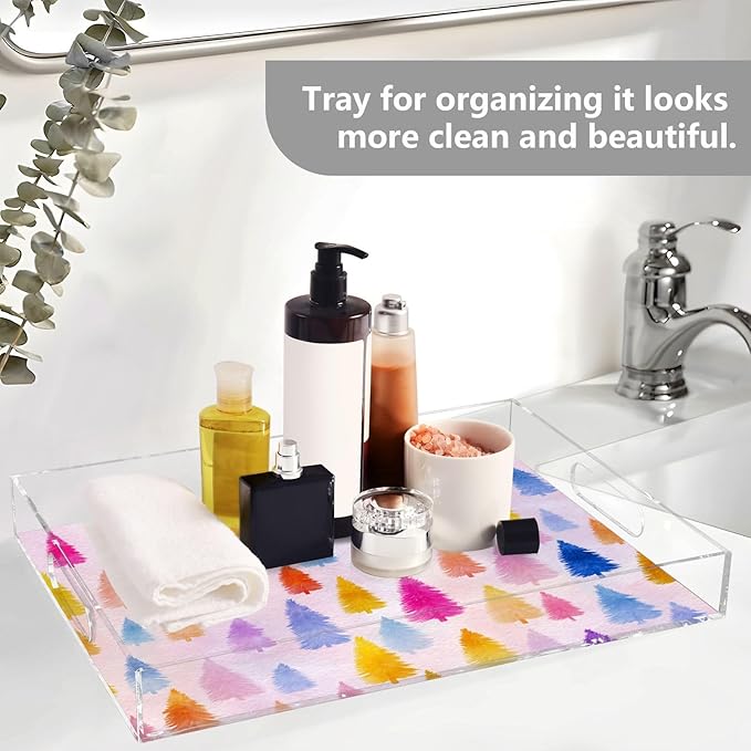 Serving Tray with Handles Clear Acrylic Tray 12x16 Inch Decorative Rectangular Tray Organizer for Ottoman Coffee Table Bathroom Colorful Christmas Tree