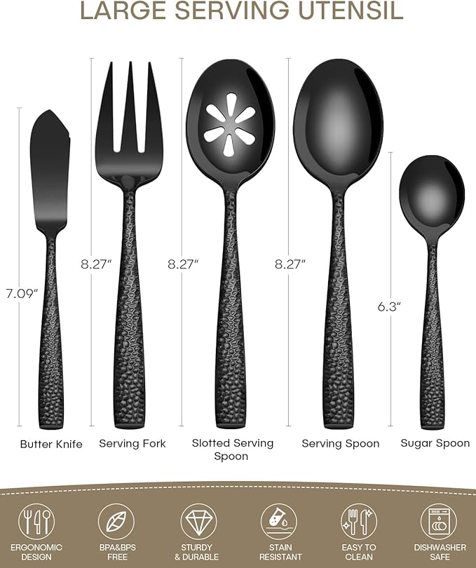 25-Piece Silverware Set with Serving Utensils, Ollex Durable Stainless Steel Hammered Black Flatware Set for 4 with Knives Forks Spoons Large Serving utensil Set for Home Restaurant, Dishwasher Safe