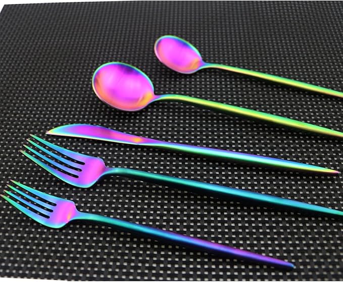 Iridescent Rainbow Multicolor Flatware 10 Pieces Tableware Set Cutlery Set Dinnerware Anti-rust Utensil Set,Salad Spoons Knives and Dessert Forks, Service for 2