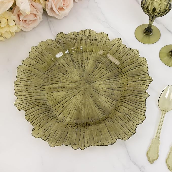 13" Charger Plates - Set of 24 - Acrylic Transparent Dusty Sage Green Round Reef Disposable Chargers, Ideal for Dinner Party Wedding Holiday Bulk Events