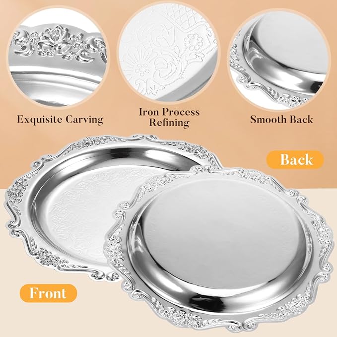 OUNONA Vintage Wrought Iron Snack Serving Tray Silver Dessert Platter for Home Parties Multifunctional Jewelry Dish Holder Elegant Fruit and Appetizer Plate