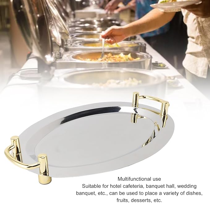 Stainless Steel Serving Tray, Multifunction Portable Metal Serving Tray with Handle, Buffet Serving Snack Tray for Coffee, Desserts, Cakes, (Round Shape with Gold