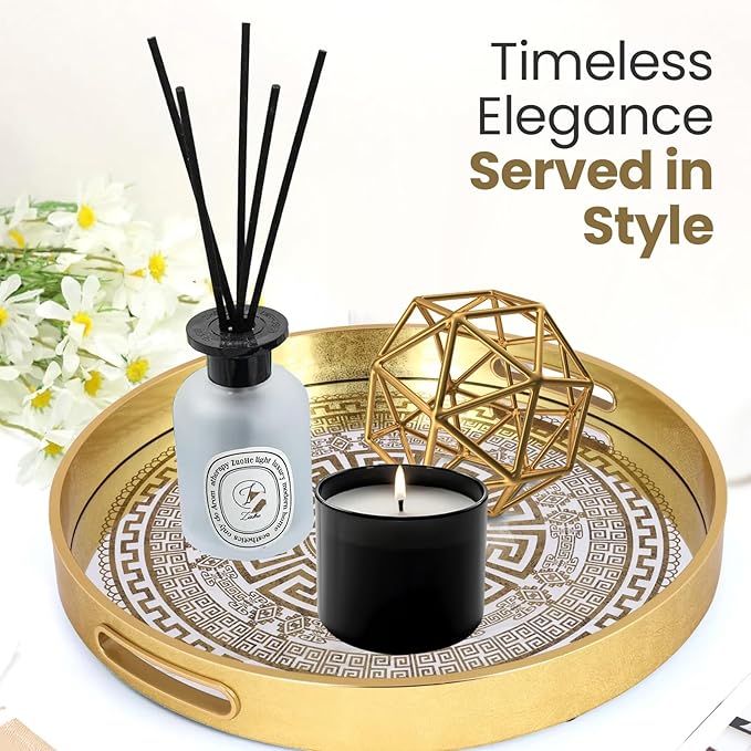 Round Serving Tray with with Handles Antique Look & Stylish Design Decorative Trays for Kitchen Round Ottoman Tray for Dinning Living Room & Home Decor Pack of 2 (Gold)