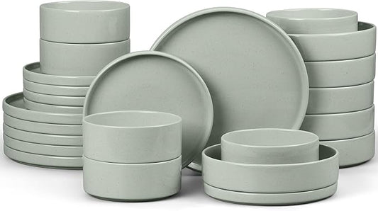 E-far Dinnerware Sets with Pasta Bowls, 24-Piece Stoneware Plates and Bowls Sets for 6 | Microwave & Dishwasher Safe Kitchen Modern Dish Set, Speckled Green