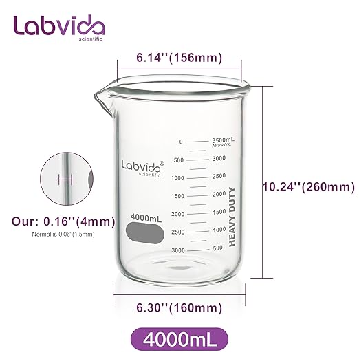 Heavy Duty Glass Beakers Vol.4000ml (135.3oz) thick-walled, 3.3 Boro Griffin Low Form with Double Scale Printed Graduation for Laboratories, Industries, Schools and Home use, LVAC016