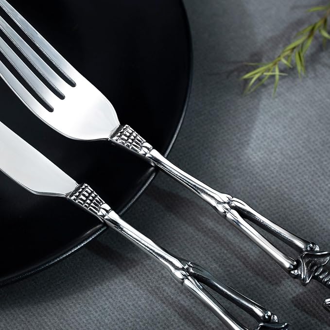 HZMAN Gothic Skull Flatware: Dinner Knife, Dinner Fork, Soup Spoon & 3-Piece Place Setting, Stainless Steel Cutlery Set for Home Kitchen, Halloween Table Decor