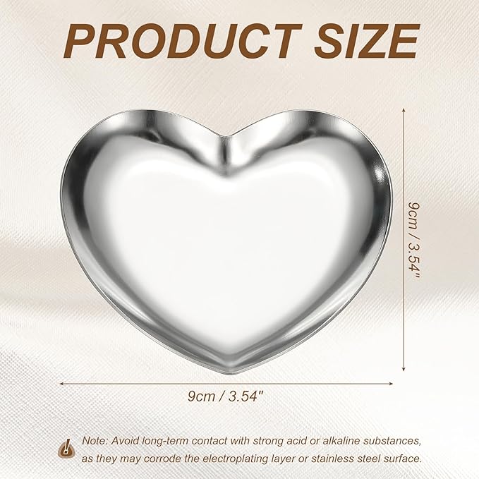 uxcell Heart Shape Serving Trays, 3.54" Stainless Steel Decorative Jewelry Dish, Small Vanity Tray for Bathroom Aromatherapy Candle Drink Plate,Silver