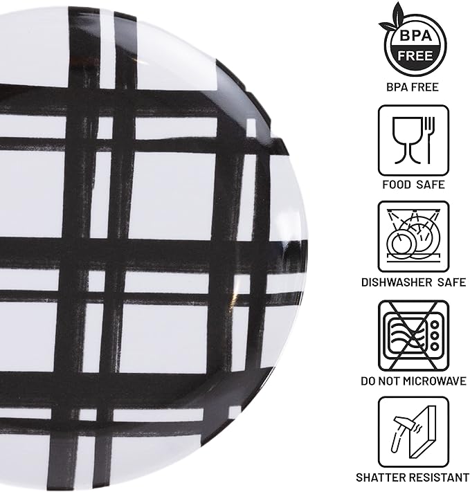 Sprinkles & Confetti Melamine Plate Set 6" Appetizer Plates, Reusable Outdoor Dinnerware for Entertaining, Patio & Picnic | Modern Black Plaid Design, Durable & Stylish Dish Set (Set of 4)