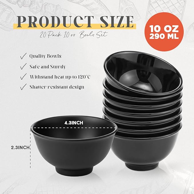Tioncy 20 Pack 10 oz Black Dessert Bowls Set Round Melamine Bowls for Pasta Cereal Rice Soup Snack Candy Ice Cream Pudding Fruit Salad, Dishwasher Safe