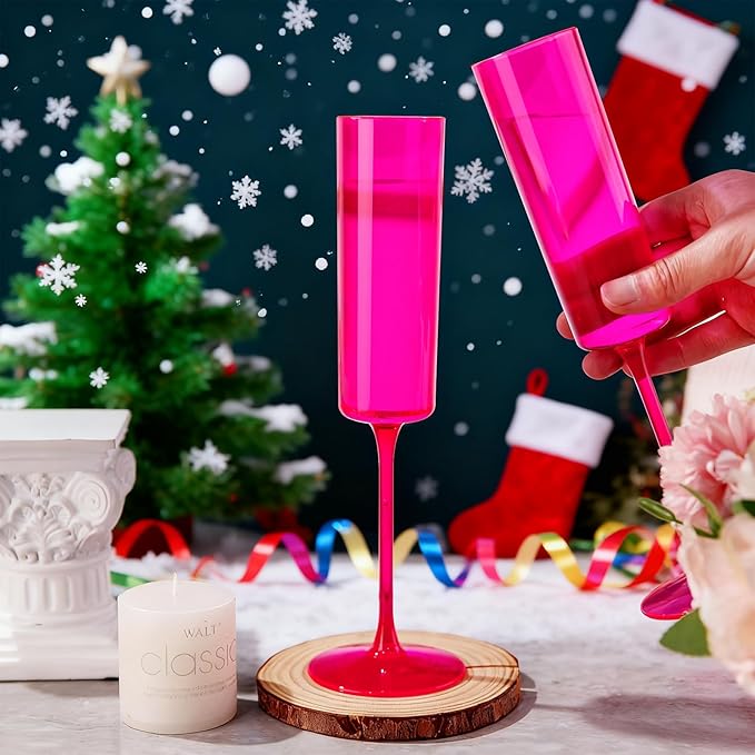 Ciaell 24 Pack Plastic Champagne Flutes - Hot Pink 6 Oz Disposable Champagne Glasses - Square Plastic Toasting Glasses for Party Birthday Anniversary Wedding