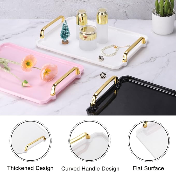 PATIKIL 12 x 8.6 Inches Plastic Serving Tray with Golden Handles, Reusable Tray Rectangular Party Platters for Dessert Coffee Tea Table, Living Room Kitchen Countertop, White
