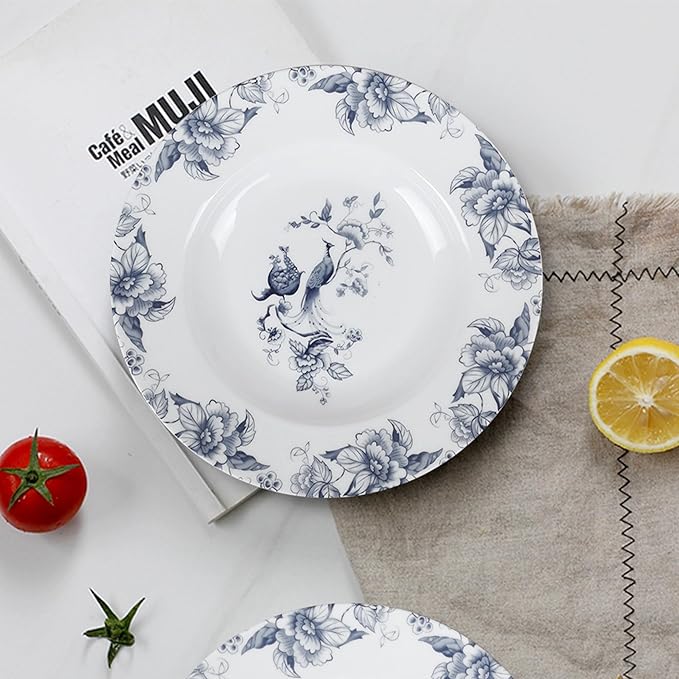 ceramic plate set for 4, 16 piece bone china dinnerware set, blue and white floral bird porcelain dishes sets for wedding, housewarming, hotel