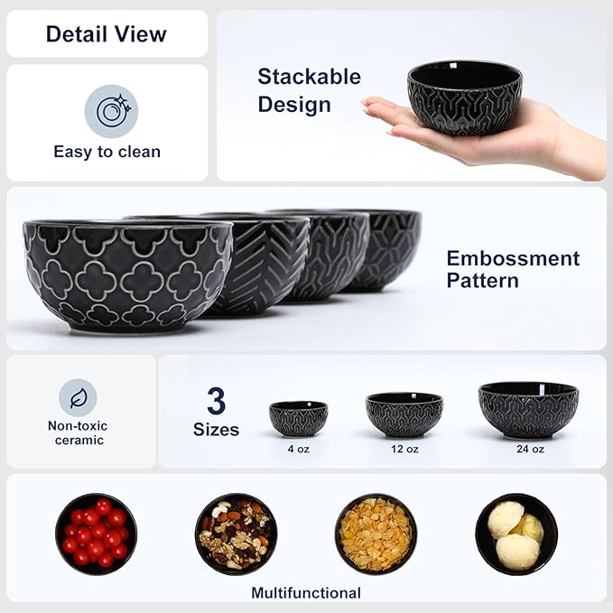 Sureasy Small Bowls 4 OZ, 3.5 Inch Dipping Bowls, Ceramic Embossed Mini Bowl for Side Dishes, Sauces, Appetizer, Housewarming, Set of 4, Black
