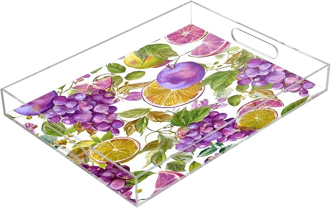 Serving Tray with Handles Clear Acrylic Tray 12x16 Inch Decorative Rectangular Tray Organizer for Ottoman Coffee Table Bathroom Purple Grapes with Leaves and Fig