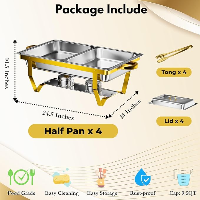 Gold Chafing Dishes for Buffet Set of 6, 9.5QT Chafing Dish Buffet Set with Tongs, Chafers and Buffet Warmers Set, Stainless Steel Food Warmers for Parties Buffet, Party Food Warmer Buffet Set