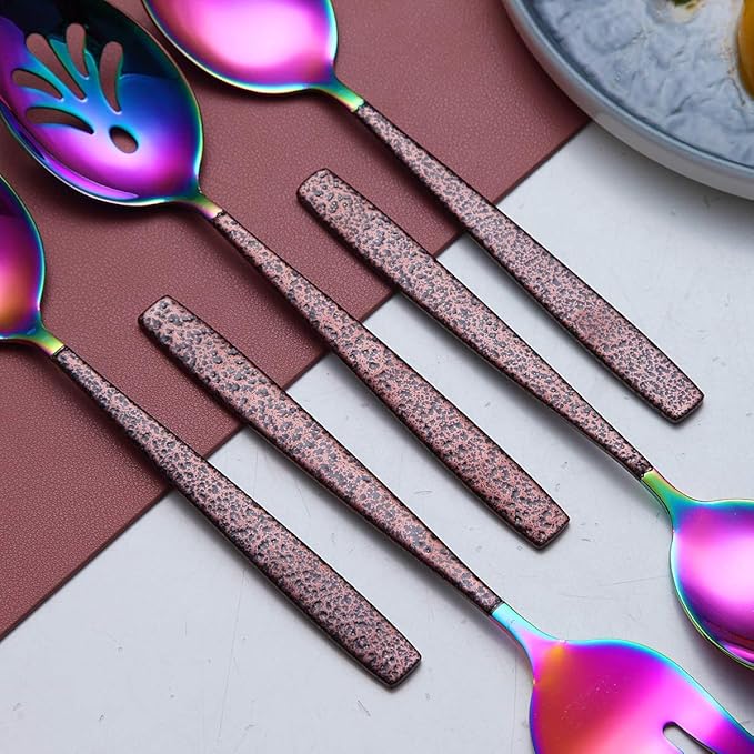 Berglander Silverware Serving Set 10 Pieces With Moon Surface Handle And Shiny Rainbow Mouth Titanium Plating, Stainless Steel Modern Colorful Flatware Serving Set Serving Spoons Serving Utensils