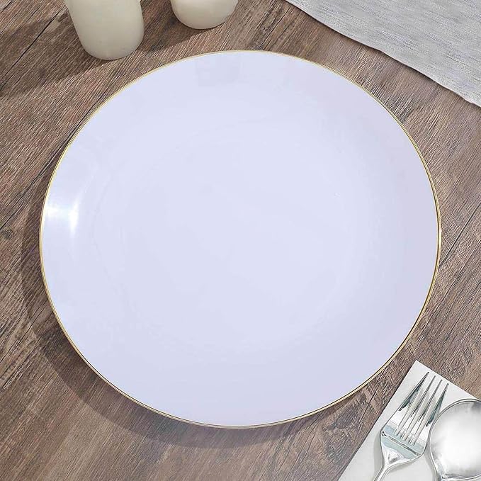 Efavormart 10 Pack | 10" Glossy White Round Plastic Dinner Plates With Gold Rim, Disposable Party Plates