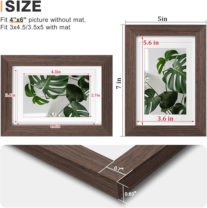 Egofine 4x6 Picture Frames Set of 4, Made of Solid Wood Covered by Plexiglass 3x4.5 and 3.5x5 with Mat or 4x6 without Mat, for Table Top Display and Wall Mounting Photo Frame Brown