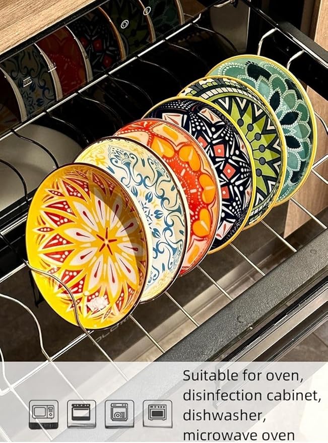 Set of 4 10 OZ Colorful Ceramic Dessert Bowls Bohemian 6 inch Serving Dishes Cute Shallow Bowls for Appetizer,Side Dishes,Sushi,Salad,Snack,Icecream,Fruit,Microwave Dishwasher Safe