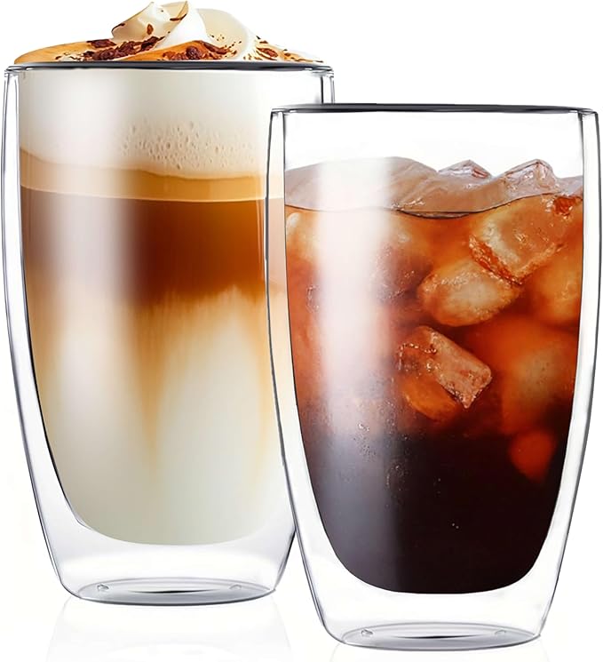 MESNEY 17 Oz(500ml) Double Walled Glass Coffee Mugs, Glass Coffee Mugs Set of 2, Insulated Clear Cappuccino Latte Mugs for Home, Cafe & Restaurant, Durable Stackable Drinking Glasses