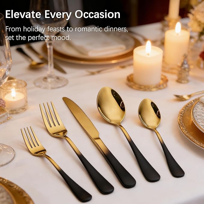 Black Silverware Set for 8 Modern 40 Piece Flatware Set 18/10 Stainless Steel Unique Black Gradual Change Gold Cutlery Utensils Sets for Home Kitchen Restaurant Tableware Set Mirror Polished