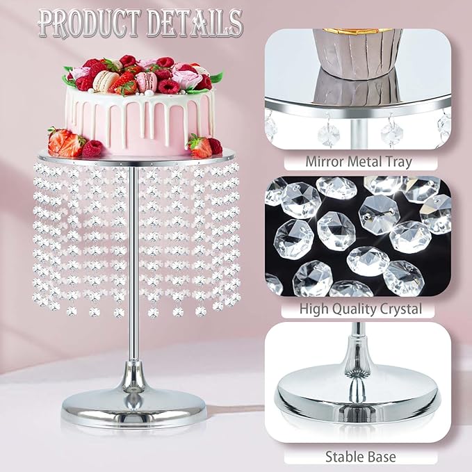 Metal Mirror Cake Stand Set with Crystal Pendants - Elegant Dessert Table Display for Weddings, Birthday Parties, Baby Showers, Events - Sturdy Crystal Bling Cupcake Stands for Pastries, Sweets, Decorations (Silver, Set of 3)