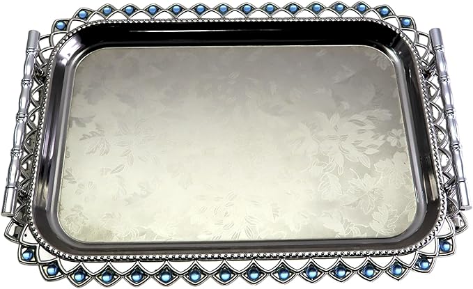 (Pack of 1) 16.5 inch x 11.8 inch Floral Shape Style Chrome Plated Silver Serving Tray with Handles Anti-Scratch Sticker Floral Engraved Edge Blue Bead Decor Wine Platter Plate FST-011