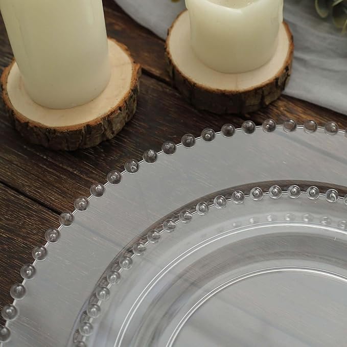 10" Dinner Plates - Set of 30 - Plastic Clear Round Disposable Plate Beaded Rim, Ideal for Decoration Party Wedding Bulk Events