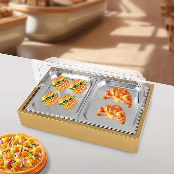 Stainless Steel Buffet Serving Tray with Ice Pan, 1.59Gal Food Display Platter for Sushi, Salad, Desserts - Double Pan & Clear Cover (22.72"x14.84")