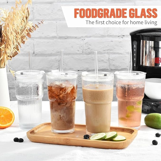 ALINK 20oz Glass Tumblers with Lids and Straws, Set of 4 - Stylish Ribbed Design Drinking Glasses for Iced Coffee Cups, Juice, Smoothies, Cold Beverages, Includes Cleaning Brush, Durable Glassware