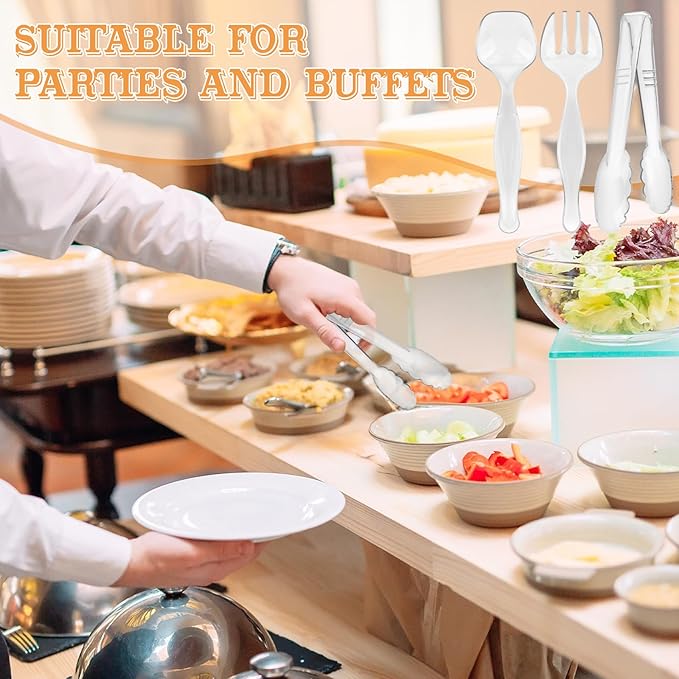 30 Pcs Clear Plastic Serving Utensils Set - Includes 10 Spoons, 10 Tongs, 10 Forks - Heavy Large Disposable Serving Utensils for Parties, Holidays & Events (Clear)