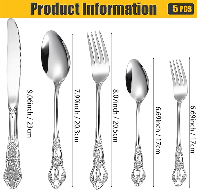 Vilihkc Gorgeous Retro Royal Stainless Steel 5 Pieces Flatware Set, Silverware Set, Anti-rust Stainless Steel Cutlery Set Utensils Including Fork Spoon and Knife