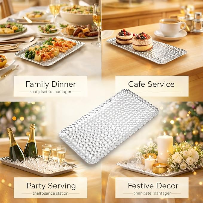 Hammered Stainless Steel Tray, Small Gold Serving Platter, 19.5x9.5cm - Durable Food Grade, Elegant Table Accent for Coffee, Tea, Fruit, Veggie Tray (Silver)