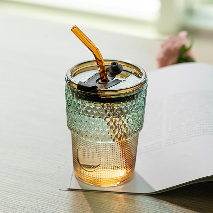BLUEPOLAR 13 oz Tumbler Water Glass, Water Bottle with Straw and Dustproof Lid, Coffee Ice Cup Double Wall Insulated Glass Cup (Amber-Ribbed)
