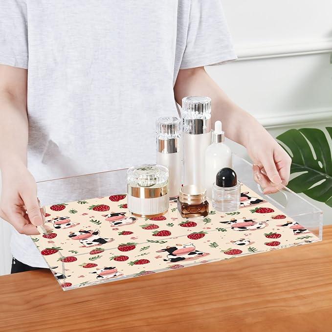Serving Tray with Handles Clear Acrylic Tray 12x16 Inch Decorative Rectangular Tray Organizer for Ottoman Coffee Table Bathroom Beige Strawberry Cows