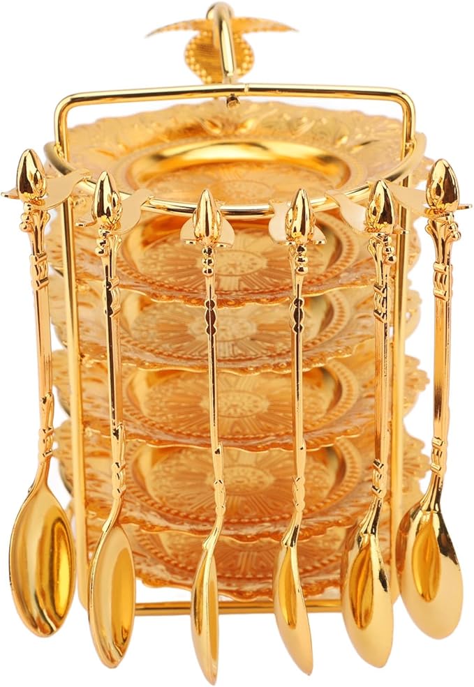 Zerodis European Style Food Plate, Zinc Alloy Snack Storage Platter Set with Spoon, Elegant Serving Tray for Steaks Pasta Fruits At Parties (Gold)