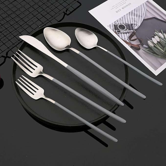 JASHII Matte Grey and Silver Silverware Set, 304 Stainless Steel Flatware Set Service for 4, Tableware Cutlery Set for Home Restaurant Party, Dinner Forks/Spoons/Knives, Slim Handle, Dishwasher Safe