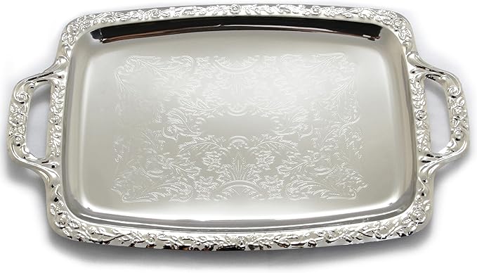 (Pack of 4) 17.7" x 10.6" Unique Rectangular Vintage Chrome Plated Serving Tray with Handle Floral Engraved Wedding Birthday Buffet Party Dessert Food Snack Wine Platter T140-4PK
