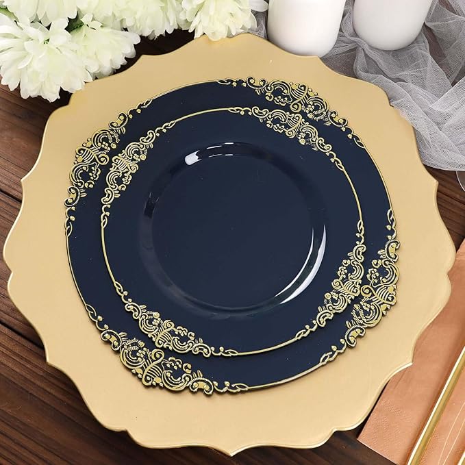 8" Salad Plates -Set of 30 - Plastic Navy Blue Round Baroque Disposable Chargers Leaf Embossed Rim, Ideal for Dinner Party Wedding Bulk Events