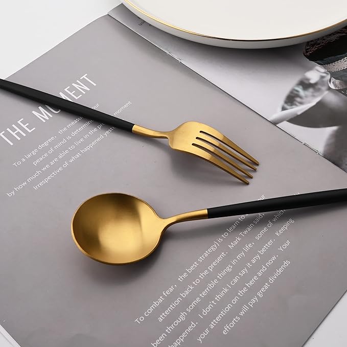 Stainless Steel Mirror Polished Gold Flatware Set, Steak Knife Dinnerware Knife Fork Salad Fork Dessert Spoon 5-piece, Service for 1
