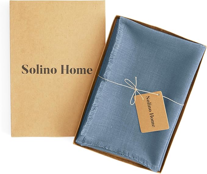 Solino Home Fringe Linen Napkins Set of 4-100% Pure Linen Dusty Chambray Blue Dinner Napkins 20 x 20 Inch - Handcrafted and Machine Washable