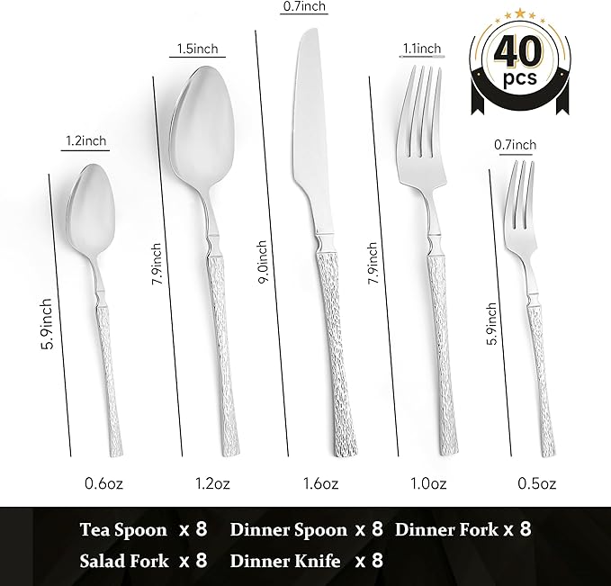 Silverware Set for 8, Silverware Set 40 Piece Cutlery Set, Stainless Steel Flatware, Forks and Spoons Silverware Set for Flatware Set for 8, Be Suitable for Home, Restaurant, Wedding, Party